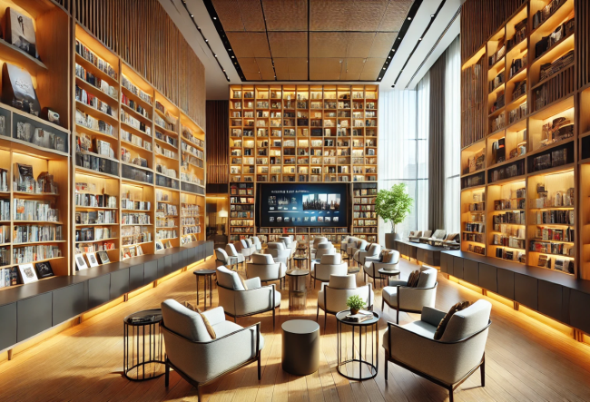 Library with metre-high walls and various media, seating and a screen.